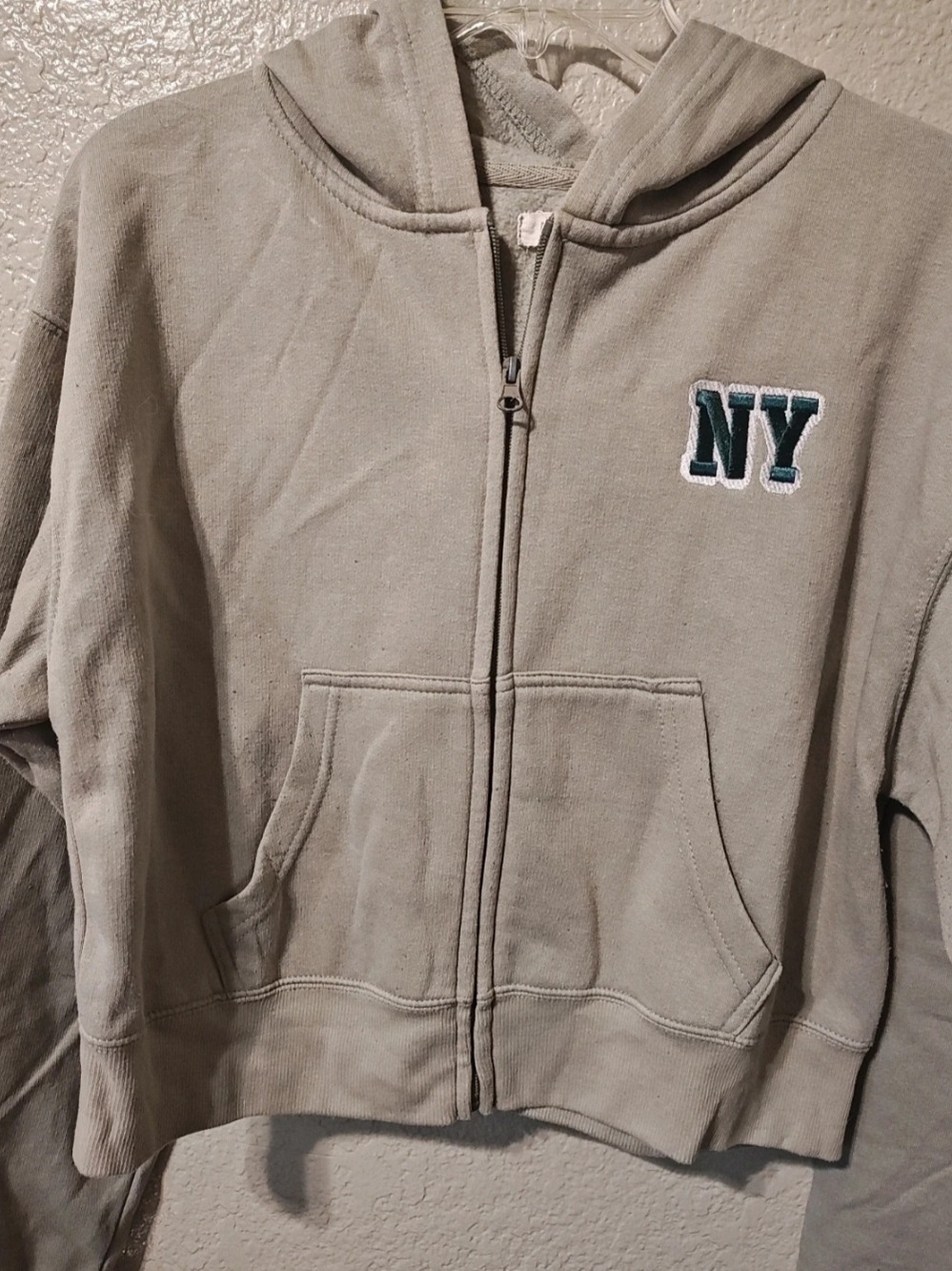Persaya Kids Hooded Zip Jacket in Light Gray with Green NY Patch